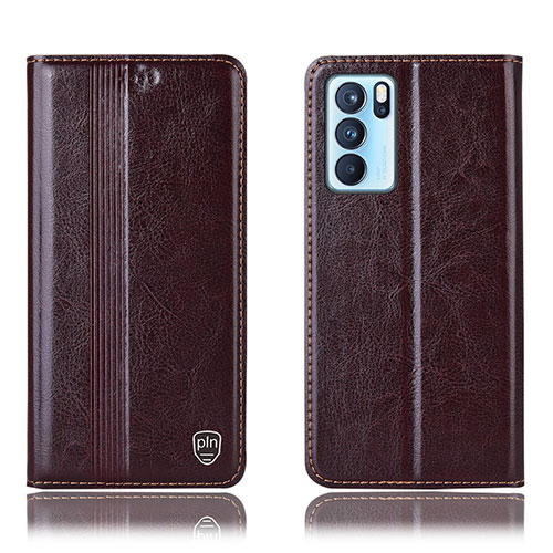 Leather Case Stands Flip Cover Holder H09P for Oppo Reno6 Pro 5G India Brown
