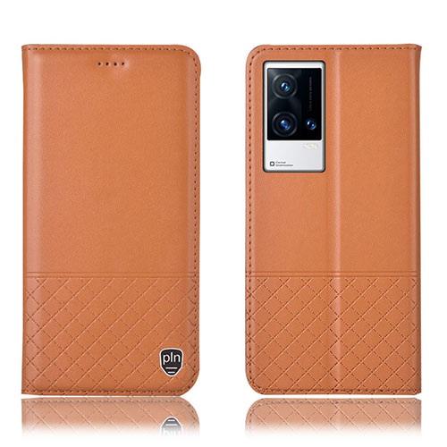 Leather Case Stands Flip Cover Holder H09P for Vivo iQOO 8 5G Orange