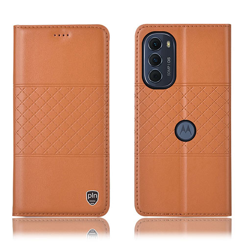 Leather Case Stands Flip Cover Holder H10P for Motorola MOTO G52 Orange