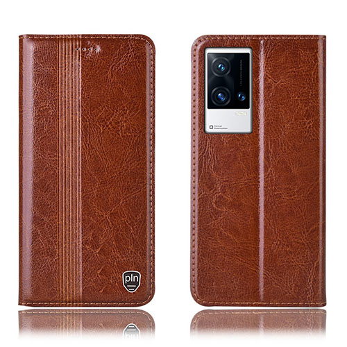 Leather Case Stands Flip Cover Holder H10P for Vivo iQOO 8 5G Light Brown