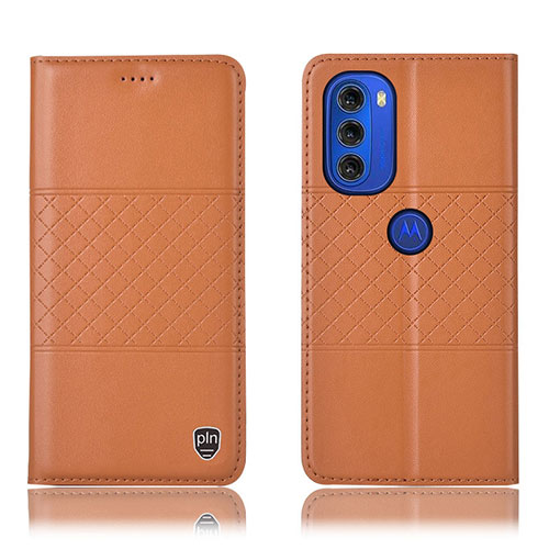 Leather Case Stands Flip Cover Holder H11P for Motorola Moto G51 5G Orange