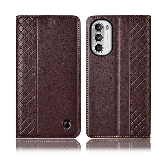 Leather Case Stands Flip Cover Holder H11P for Motorola MOTO G52 Brown