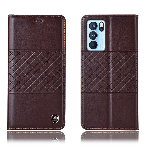 Leather Case Stands Flip Cover Holder H11P for Oppo Reno6 Pro 5G India Brown