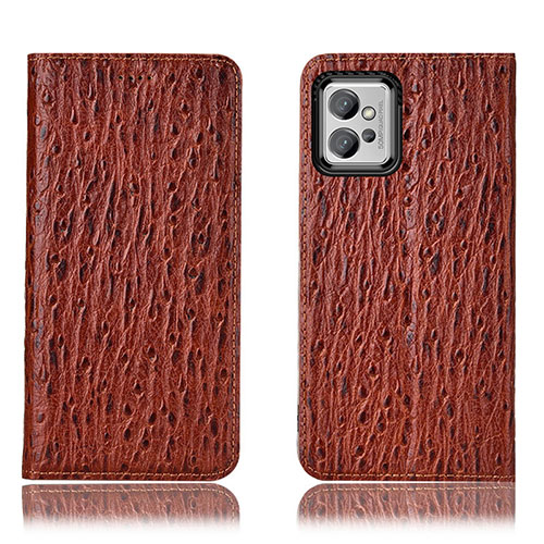 Leather Case Stands Flip Cover Holder H15P for Motorola Moto G32 Brown