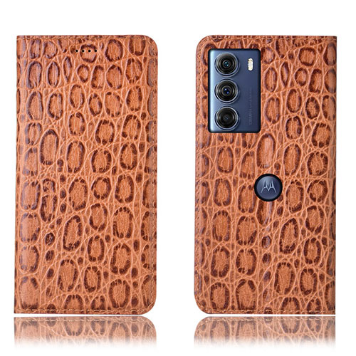 Leather Case Stands Flip Cover Holder H16P for Motorola Moto G200 5G Light Brown