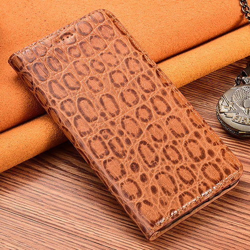 Leather Case Stands Flip Cover Holder H16P for Motorola Moto G60 Light Brown