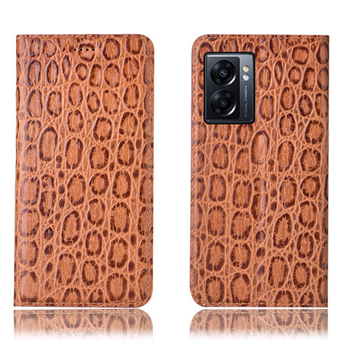 Leather Case Stands Flip Cover Holder H16P for Oppo A56S 5G Light Brown