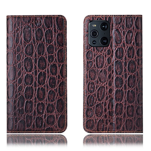 Leather Case Stands Flip Cover Holder H16P for Oppo Find X3 5G Brown