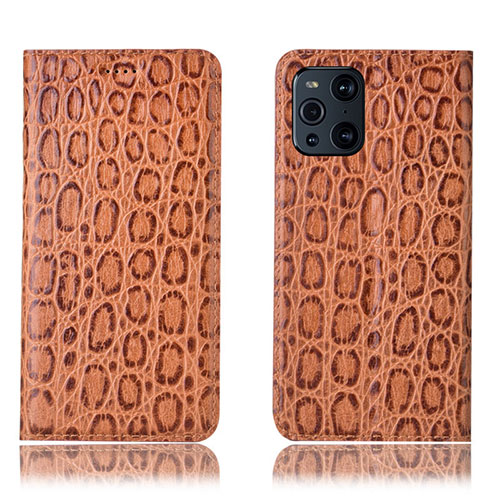 Leather Case Stands Flip Cover Holder H16P for Oppo Find X3 Pro 5G Light Brown