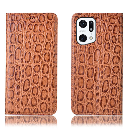Leather Case Stands Flip Cover Holder H16P for Oppo Find X5 5G Light Brown