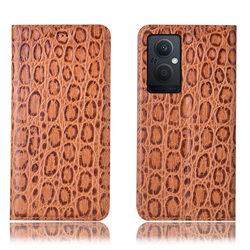Leather Case Stands Flip Cover Holder H16P for Oppo Reno7 Lite 5G Light Brown