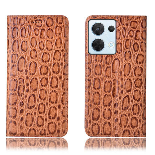 Leather Case Stands Flip Cover Holder H16P for Oppo Reno9 5G Light Brown