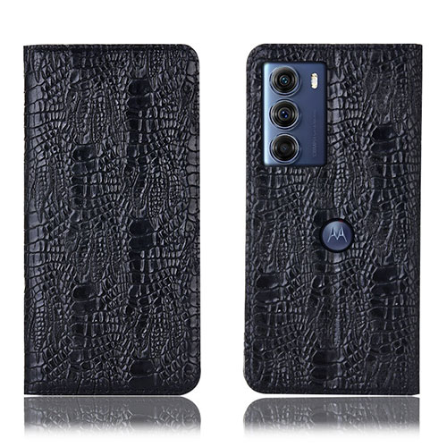 Leather Case Stands Flip Cover Holder H17P for Motorola Moto G200 5G Black
