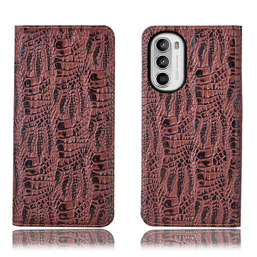 Leather Case Stands Flip Cover Holder H17P for Motorola Moto G71s 5G Brown