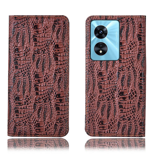 Leather Case Stands Flip Cover Holder H17P for Oppo A58x 5G Brown