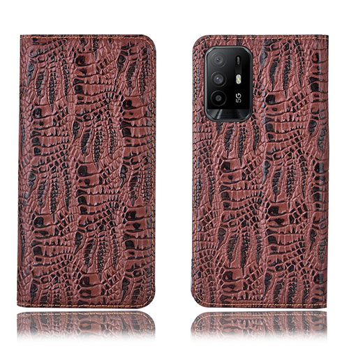 Leather Case Stands Flip Cover Holder H17P for Oppo F19 Pro+ Plus 5G Brown