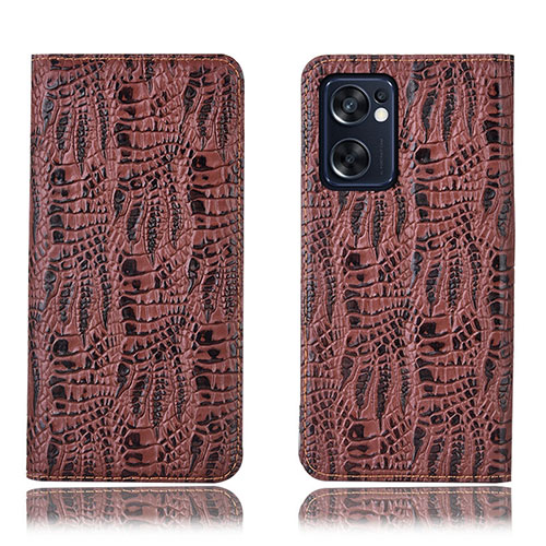 Leather Case Stands Flip Cover Holder H17P for Oppo Reno7 SE 5G Brown