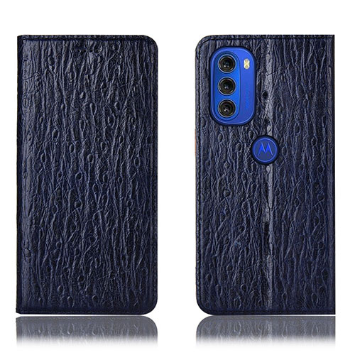 Leather Case Stands Flip Cover Holder H18P for Motorola Moto G51 5G Blue