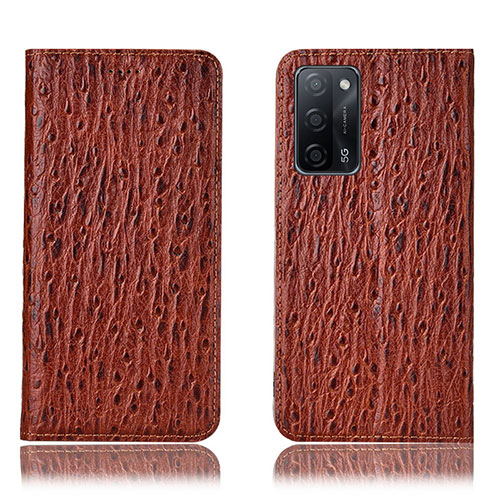 Leather Case Stands Flip Cover Holder H18P for Oppo A56 5G Brown