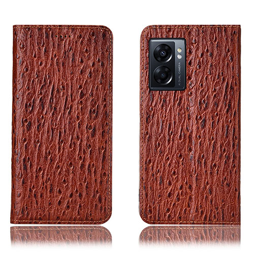 Leather Case Stands Flip Cover Holder H18P for Oppo A56S 5G Brown