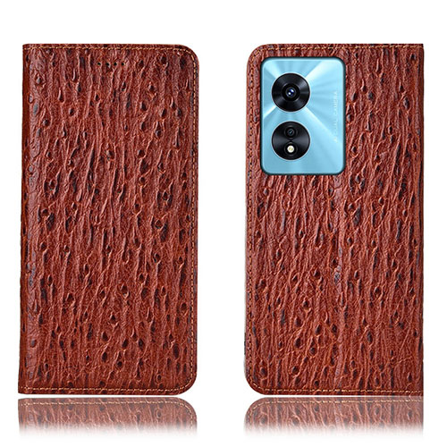 Leather Case Stands Flip Cover Holder H18P for Oppo A58x 5G Brown