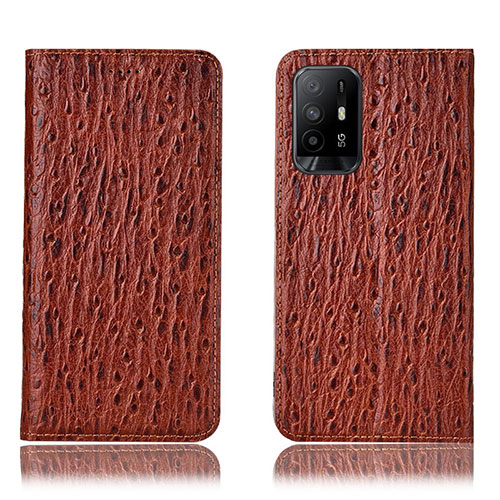 Leather Case Stands Flip Cover Holder H18P for Oppo F19 Pro+ Plus 5G Brown