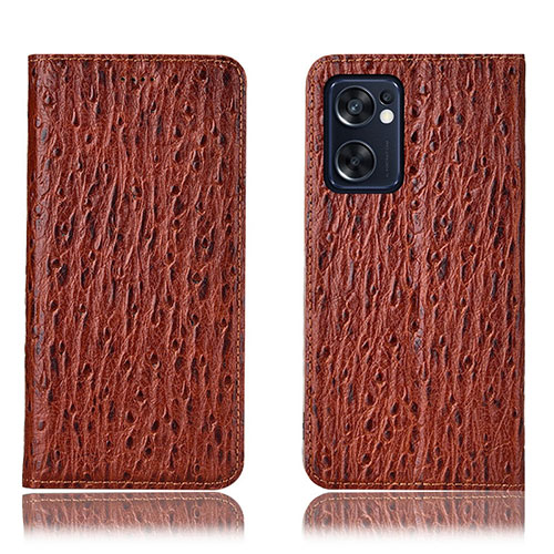 Leather Case Stands Flip Cover Holder H18P for Oppo Reno7 SE 5G Brown