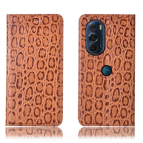 Leather Case Stands Flip Cover Holder H19P for Motorola Moto Edge X30 5G Light Brown