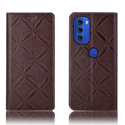 Leather Case Stands Flip Cover Holder H19P for Motorola Moto G51 5G Brown