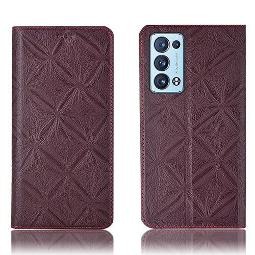 Leather Case Stands Flip Cover Holder H19P for Oppo Reno6 Pro 5G Red Wine