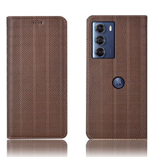 Leather Case Stands Flip Cover Holder H20P for Motorola Moto G200 5G Brown