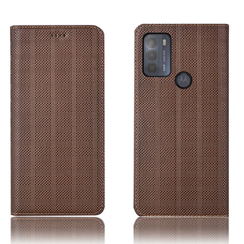 Leather Case Stands Flip Cover Holder H20P for Motorola Moto G50 Brown