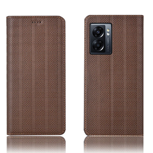 Leather Case Stands Flip Cover Holder H20P for Oppo A56S 5G Brown