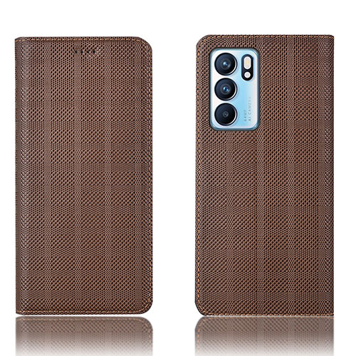 Leather Case Stands Flip Cover Holder H20P for Oppo Reno6 5G Brown