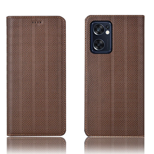 Leather Case Stands Flip Cover Holder H20P for Oppo Reno7 SE 5G Brown