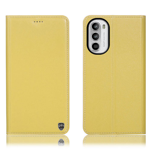 Leather Case Stands Flip Cover Holder H21P for Motorola Moto G82 5G Yellow