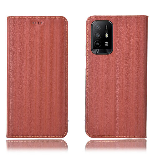 Leather Case Stands Flip Cover Holder H23P for Oppo Reno5 Z 5G Brown