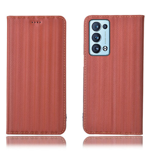 Leather Case Stands Flip Cover Holder H23P for Oppo Reno6 Pro 5G Brown