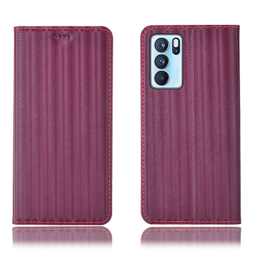 Leather Case Stands Flip Cover Holder H23P for Oppo Reno6 Pro 5G India Red Wine