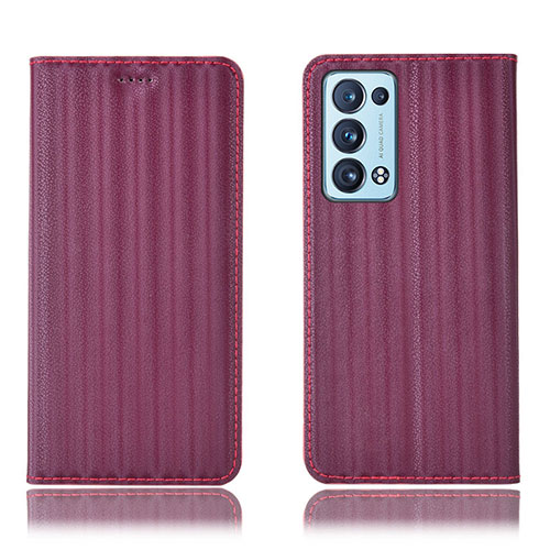 Leather Case Stands Flip Cover Holder H23P for Oppo Reno6 Pro+ Plus 5G Red Wine