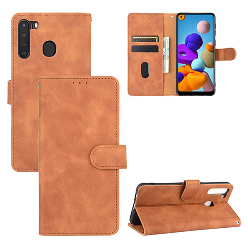 Leather Case Stands Flip Cover Holder L05Z for Samsung Galaxy A21 Brown