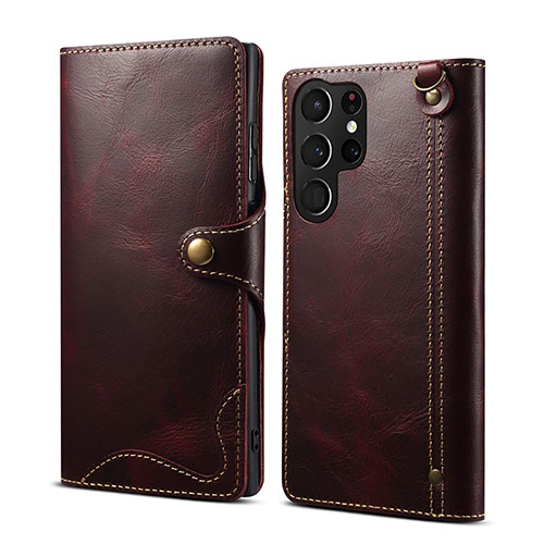 Leather Case Stands Flip Cover Holder M01T for Samsung Galaxy S23 Ultra 5G Red Wine