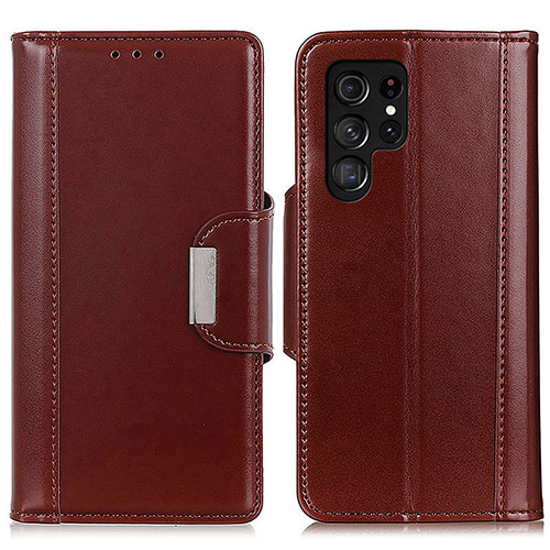 Leather Case Stands Flip Cover Holder M14L for Samsung Galaxy S21 Ultra 5G Brown