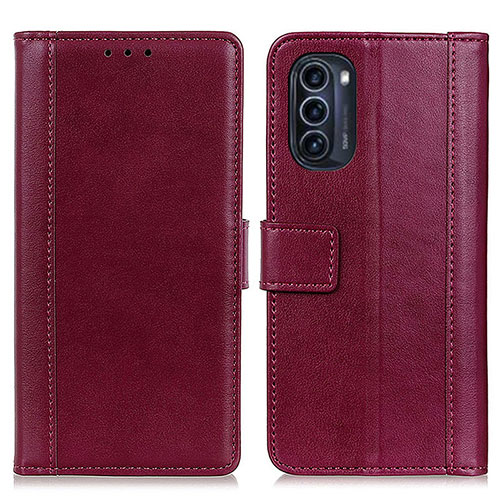 Leather Case Stands Flip Cover Holder N02P for Motorola Moto G52j 5G Red