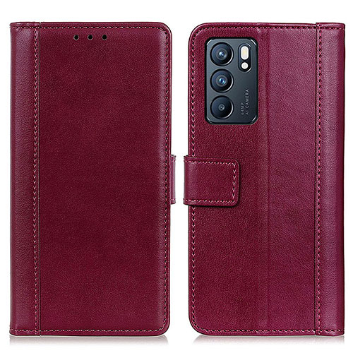 Leather Case Stands Flip Cover Holder N02P for Oppo Reno6 5G Red