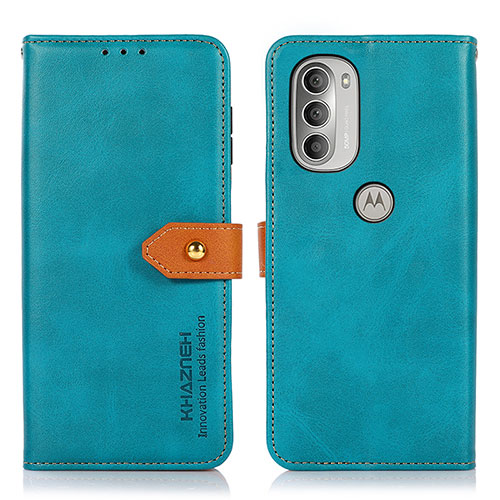 Leather Case Stands Flip Cover Holder N07P for Motorola Moto G51 5G Cyan