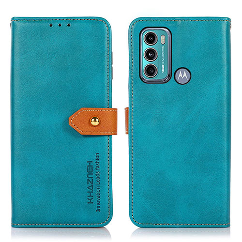 Leather Case Stands Flip Cover Holder N07P for Motorola Moto G60 Cyan