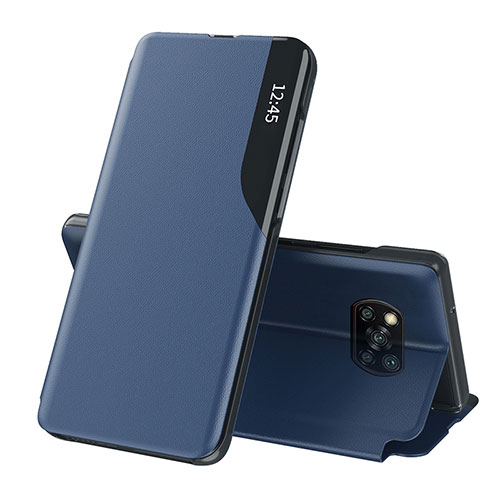 Leather Case Stands Flip Cover Holder Q01H for Xiaomi Poco X3 Blue