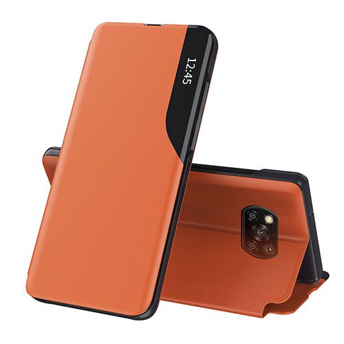 Leather Case Stands Flip Cover Holder Q01H for Xiaomi Poco X3 NFC Orange