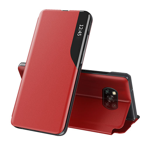 Leather Case Stands Flip Cover Holder Q01H for Xiaomi Poco X3 NFC Red